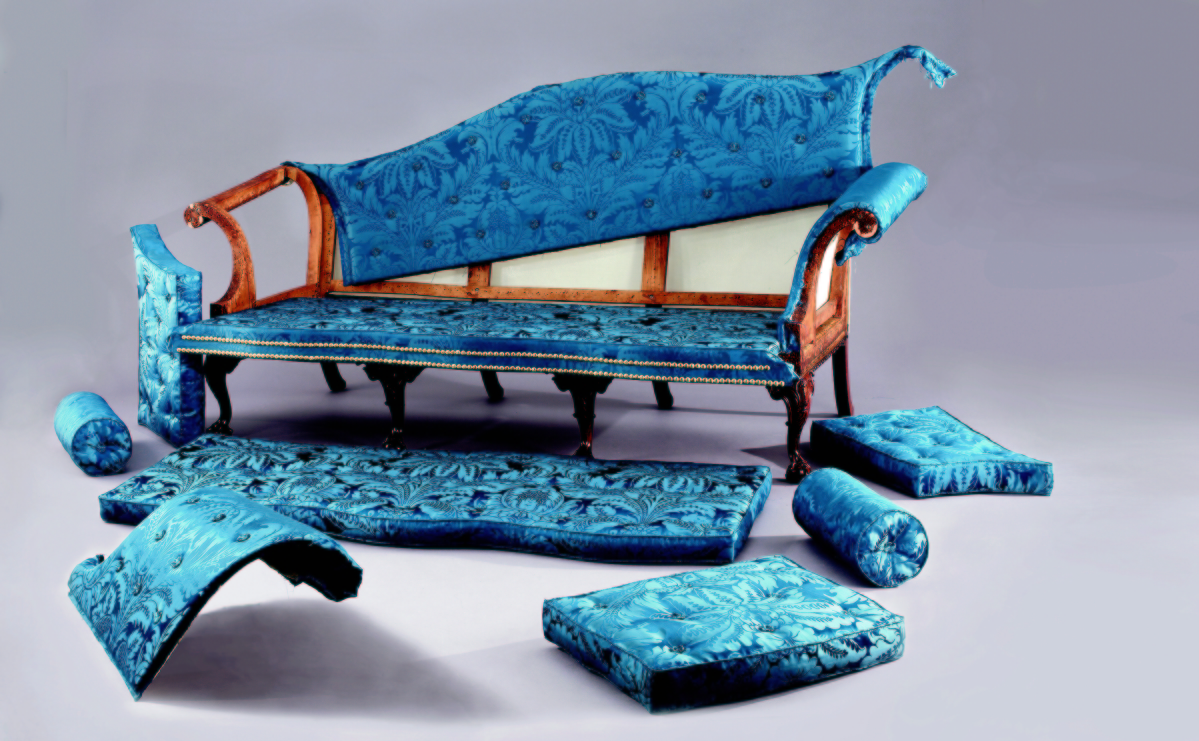 A partially assembled nonintrusively reupholstered sofa frame, sofa frame, England, circa 1760, mahogany and beech, museum purchase, 1963-191.