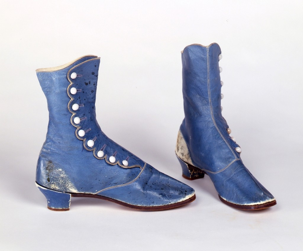 Blue boots, American, kid leather and glass buttons, David Bohn photo, courtesy Concord Museum.