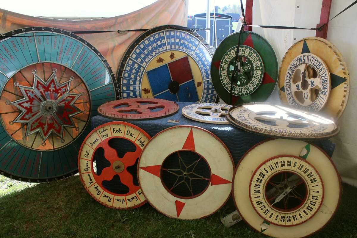 An assortment of vintage game wheels at Obnoxious Antiques, Burlington, N.J.                        —Heart-O-The-Mart
