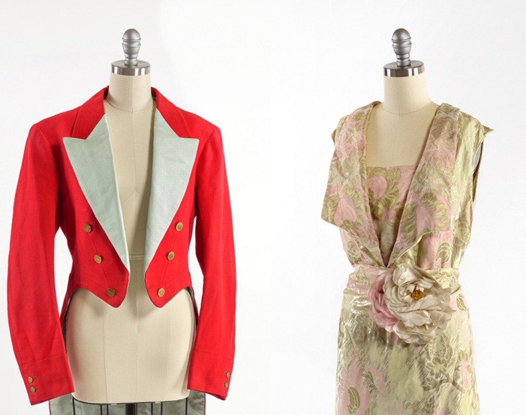 Ceremonial club jackets, circa 1940, from the Meadow Brook Hunt Club, New York, wool, leather, cotton, brass, part of the collection of Appleton Farm, gold and pink deco gown, circa 1930 [called floral belt dress], silk brocade, rhinestones, metallic thread, part of the collection of he Stevens-Coolidge Place, courtesy Trustees of Reservations.              	                       —Stewart Clements photo