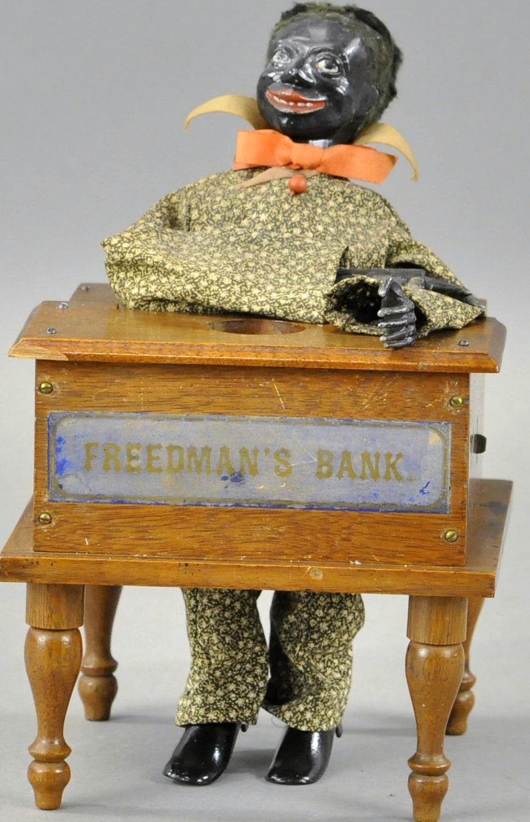 The star bank was lot 1065, Freeman’s mechanical bank by Jerome B. Secor, Bridgeport, Conn., circa 1880. It is one of fewer than ten examples known and remains in excellent condition. This bank was found in Mexico and the provenance reads Andrew Emerine to Edwin H. Mosler Jr to Stanley Sax to Max Berry Collection. It sold for $132,000, against a $200,000 high estimate.
