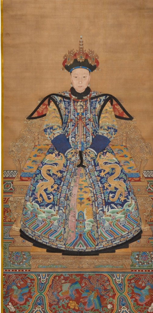 “Empress Xiaomu Cheng” by Court painters in Beijing, Qing dynasty, Xianfeng period (1850–1861), hanging scroll; ink and color on silk, gift of Elizabeth Sturgis Hinds, 1956, Peabody Essex Museum, E33618.   —Walter Silver photo