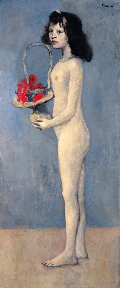“Fillette à la corbeille fleurie” by Pablo Picasso (1881–1973), 1905, signed and dated, oil on canvas, 60- by 26 inches, price realized $115 million and was the highest-grossing lot in the sale.