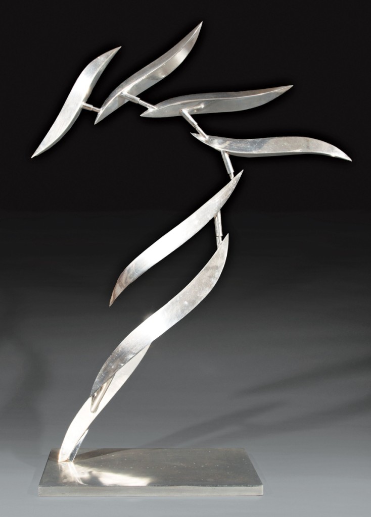 Ascending into the air, this aluminum version of “Cadence,” 1986, by Lin Emery (b 1928) was made as a 56-inch model for a wind-driven monumental work installed in Illinois; the sculpture realized a well-deserved $31,720, top lot of this sale.