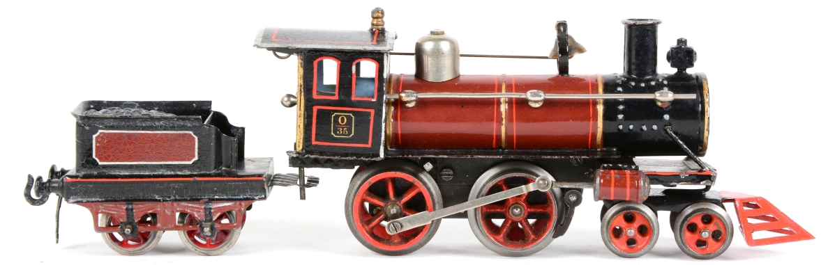 This early German Bing hand-painted stream-type engine and tender, O Gauge, was made for the American market.  It is marked “GBN” on the side of the cab and marked “0/35” on the other side.  It retains the original bell and stacks and is in near-mint condition.  It sold for $14,760, above the $9,000 high estimate.