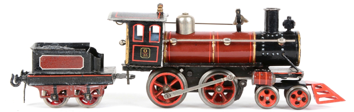 This early German Bing hand-painted stream-type engine and tender, O Gauge, was made for the American market. It is marked “GBN” on the side of the cab and marked “0/35” on the other side. It retains the original bell and stacks and is in near-mint condition. It sold for $14,760, above the $9,000 high estimate.