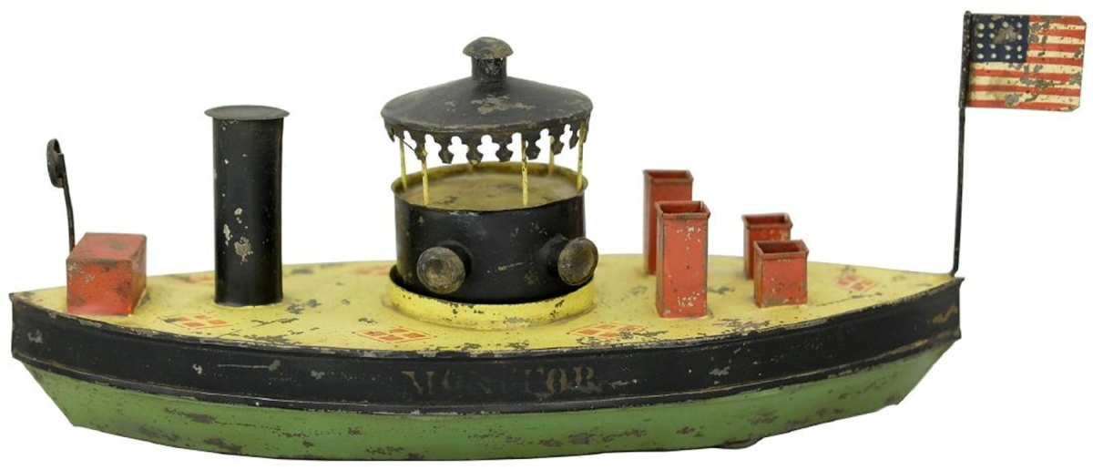 The ironclad Monitor, George W. Brown Co, circa 1880s, is of tin and sold just over the low estimate at $10,200. The U.S.S. Monitor was the first iron-hulled steamship built by the Union Navy and launched in January, 1862. Its cost was $275,000.