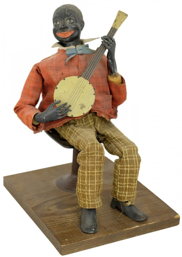 A bid of $9,500 opened bidding for the last lot in the auction, The Banjo Player by Jerome Secor, Norwalk, Conn., circa 1870, and closed at $18,000, within estimate, for this lead, wood iron and fabric figure. This banjo player was part of a minstrel series and was in excellent plus condition.