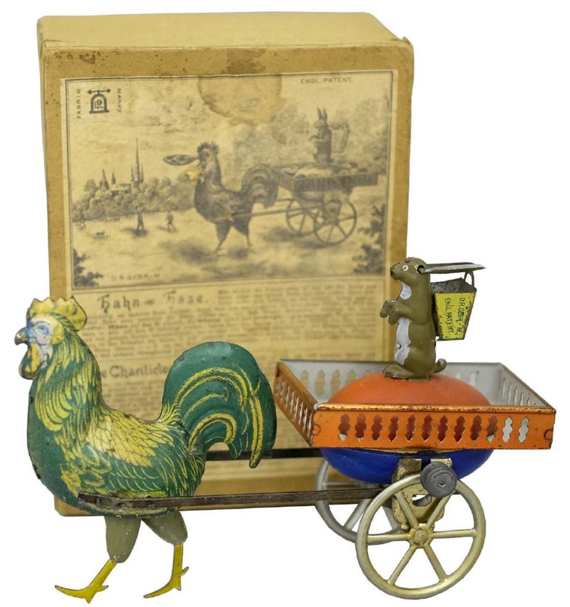 The Rooster and Rabbit (ETL No. 370), a toy that is far more rare than the Duo, Lehmann’s later version of the rooster and rabbit theme. This toy is in near mint condition, retains the original box and sold for $11,400, well over the $3,500 high estimate. The catalog further notes that “To the best of our knowledge, there is no other example of this box at this time.”