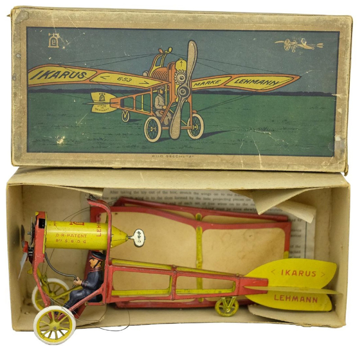In 1913 Lehmann witnessed the first airmail flights made in Germany that were carried out in a monoplane designed by Hans Grade and piloted by Hermann Pentz. This toy was engineered by Lehmann himself to the exact design specifications of its scale model. Ikarus (ELP No. 653) had a production run 1913–33, and this example, both toy and box, are in near mint condition. It also retains the instruction sheet for assembly, and it sold for $12,000, over the $7,500 estimate.