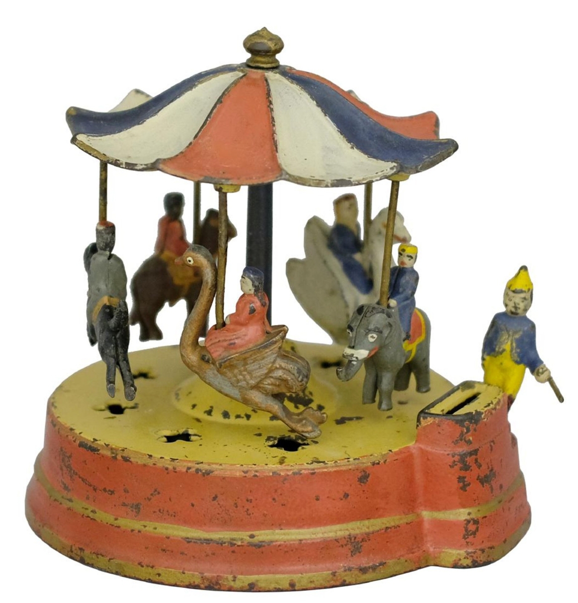 Manufactured by Kyser & Rex Company of Philadelphia was the Merry-Go-Round bank circa 1888, pristine and bright, that sold for $84,000, just under the high estimate. The catalog notes that “It has absolutely everything going for it, with a color palette that is varied, bright and cheerful.” Very few examples of this bank have made it into modern times unbroken, but this example is completely original.