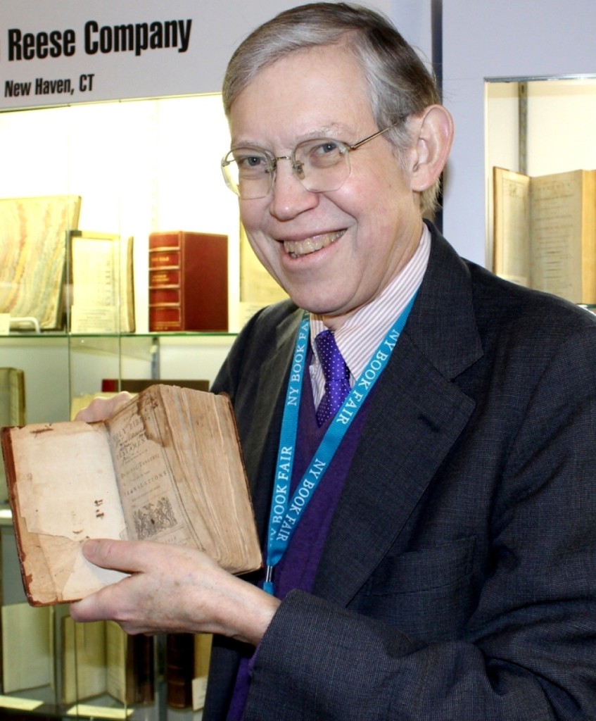 Bill Reese at the 58th New York Antiquarian Book Fair in March 2018. He holds the first American Bible, printed in Philadelphia in 1782. Photo W.A. Demers.