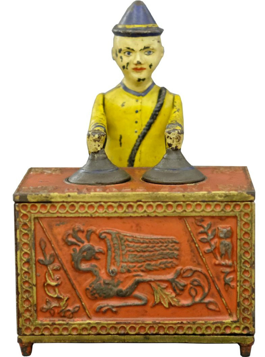 Bidding opened at $75,000 for lot 59, the Mikado, a bank made by Kyser & Co, Philadelphia, during the late 1880s. The bank, once in the Meyer collection, is pristine and bright and was hammered down at $144,000. When in action, the Mikado lifts and lowers his arms, making the coin move from left to right, and finally it disappears into the bank.