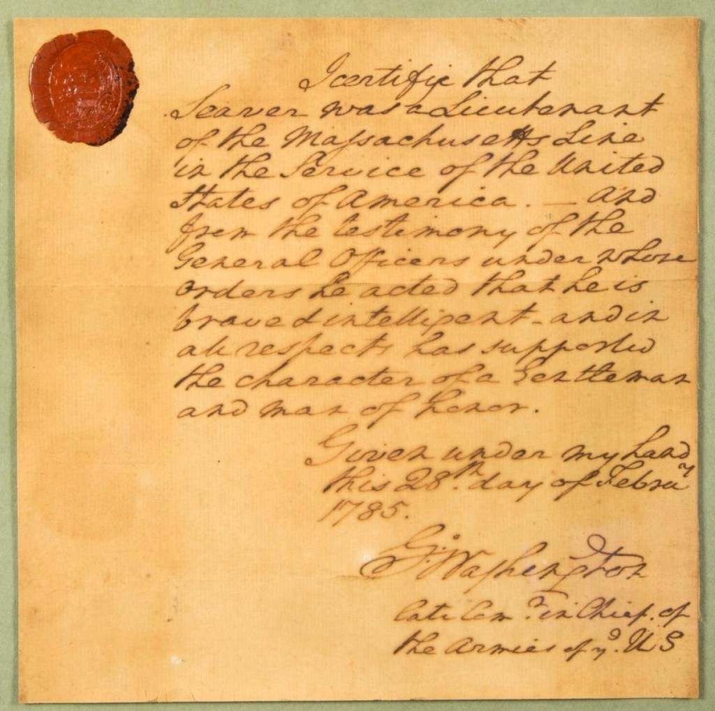 Expected to be the highlight of the sale was a letter written and signed by George Washington, attesting to the character of an officer in the Revolutionary War. Washington signed it “late Commander in Chief of the US Armies” and it realized $21,600.
