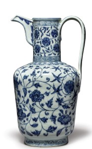 An exceptionally rare and important blue and white ewer,   Xuande mark and period, 33 inches high, sold fo $3,135,000   (estimate $600/800,000), ex Detring / Von Hanneken collection.