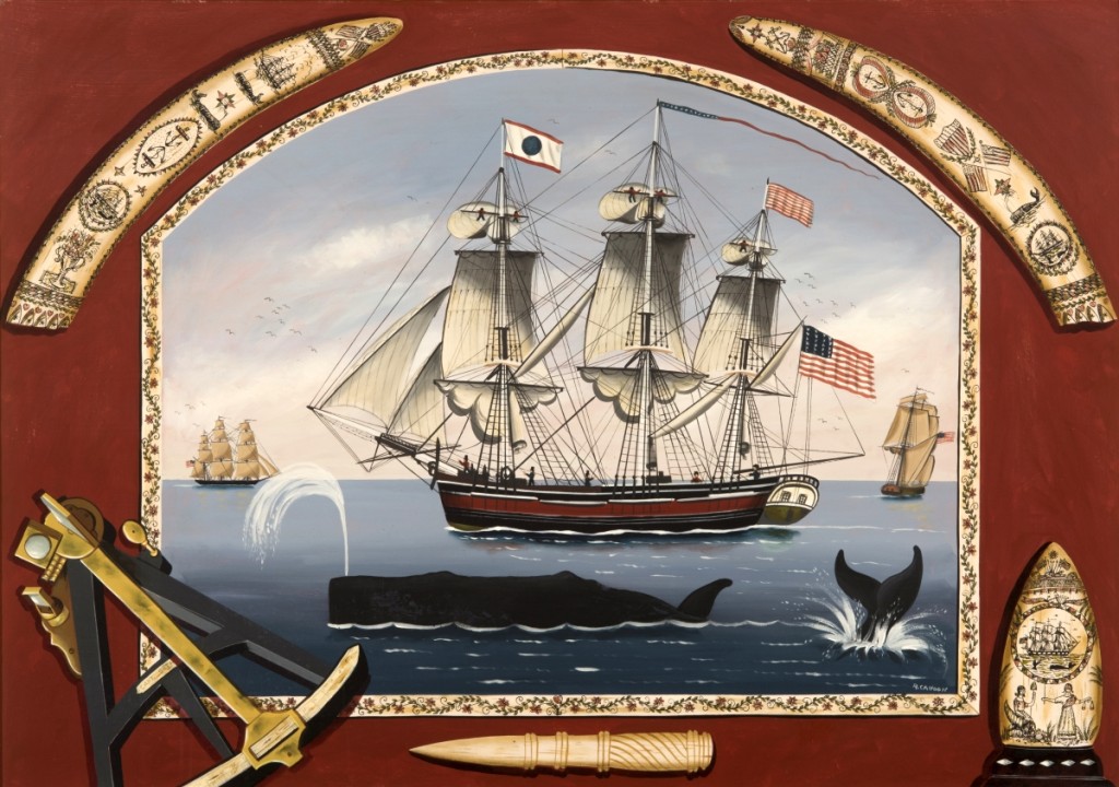 “Ship and Scrimshaw,” by Ralph Cahoon, 1966, oil on Masonite, is the gift of Clare and Robert Dudley Harrington Jr. Ralph’s love of ships and the sea shines through in this large ship portrait, set within a border strikingly embellished with trompe l’oeil seafaring objects; it also features a sextant, which was likely painted directly from life as Ralph owned an impressive collection of maritime antiques.