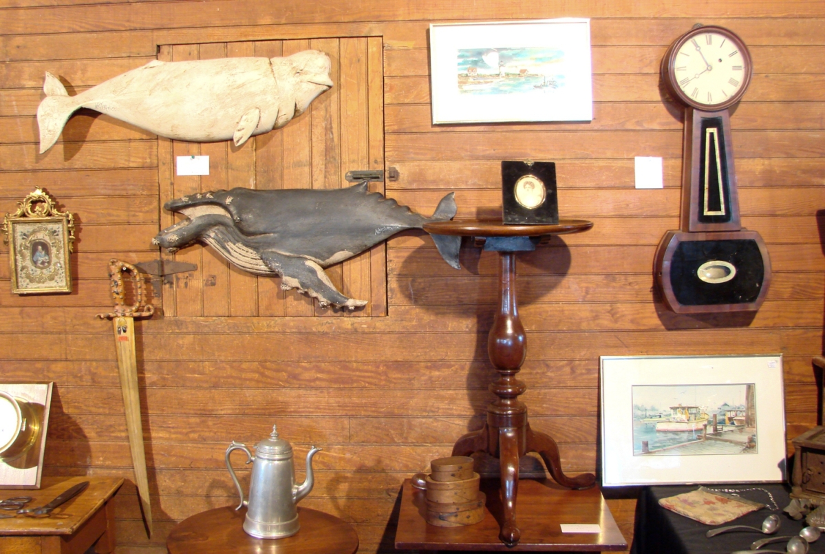 Although carved whales by Clark Voorhees are well-known and popular with folk art collectors, Harry Hepburn III, Harrison, Maine, had some fine whale carvings by Wick Ahrens, who had been mentored by Voorhees.