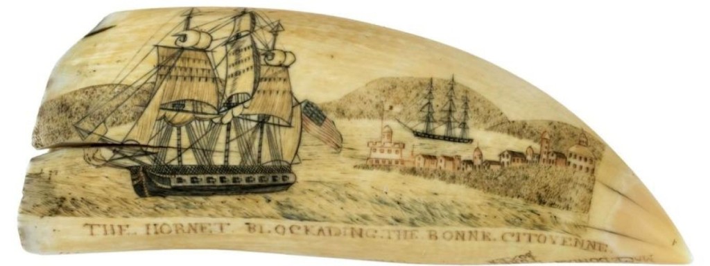 Topping the two-day sale was this scrimshaw tooth attributed to the Naval Monument Engraver. Estimated at $20/30,000 and from the Kobacker collection, it went to Massachusetts dealer Andrew Jacobson for $396,000, just shy of the all-time auction record for scrimshaw, $456,000, set by Eldred’s in 2017 for a Burdett tooth from the Mittler collection. The obverse, inspired by a plate from The Naval Monument by Abel Bowen, depicts the American war ship Hornet blockading the British ship Citoyenne at the port of Salvador, Brazil.