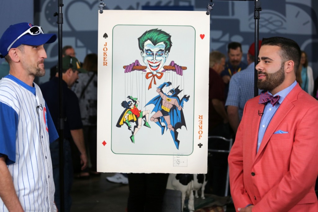 Travis Landry appraised a Batman promotional artwork by Bob Kane on Antiques Roadshow season 22. It was Landry’s first stop on the show in Green Bay, Wis., and he appraised the hand colored artist proof at $1,5/2,500. Photo by Luke Crafton for WGBH, (c) WGBH 2018.