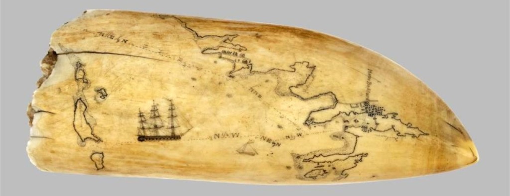 Known as the “Map Tooth,” $168,000 ($60/80,000), this mid-Nineteenth Century 7½-inch-long example is engraved with a detailed chart depicting New Bedford Harbor, Buzzards Bay and the Elizabeth Islands, with a whaling ship returning to port. On reverse is a whaling scene. The inside of the tooth is marked “NH350,” a clue that it belonged to the pioneering scrimshaw collector Meylert Armstrong. The New Bedford Whaling Museum owns a related example.