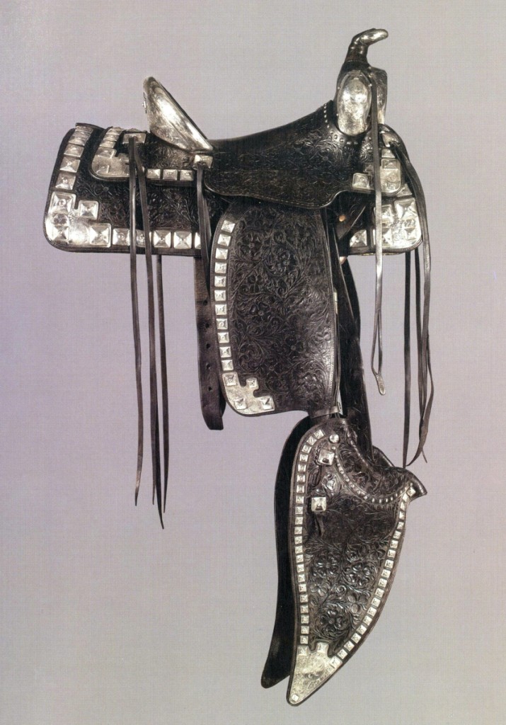 The star of the sale was a spectacular silver saddle (shown), bridle and breast collar created for television and film’s original Lone Ranger, Clayton Moore, by Edward Bohlin, king of the parade saddle. The set more than doubled high estimate to bring $154,300.