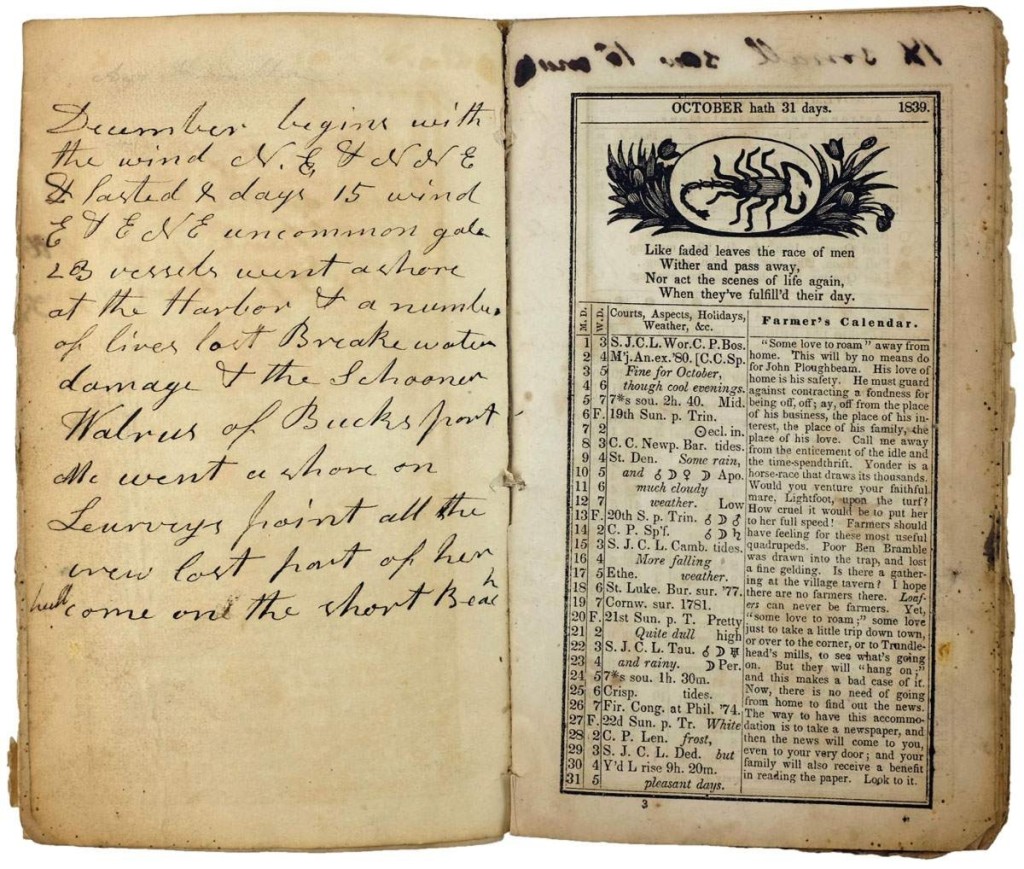 Azor Knowlton’s (b 1789) annotated The Farmer’s Almanack   (Boston: Published and sold by G.W. Palmer & Co., 1838).   Sandy Bay Historical Society and Museums.