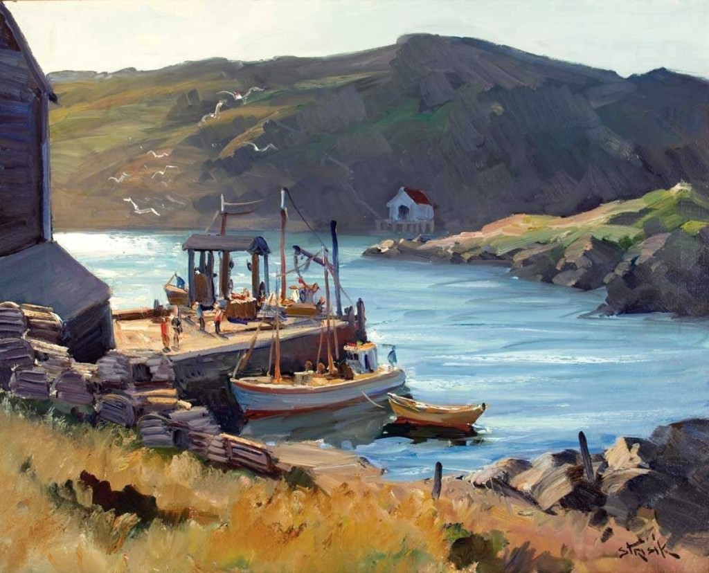 “Monhegan Pier” by Paul Strisik (1918–1998), 1959, oil on canvas, 24 by 30 inches. Gift of Nancy Strisik, 2002.