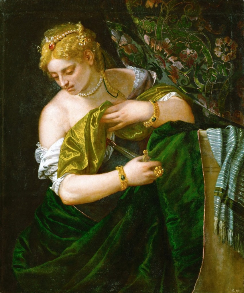 Veronese, “Lucretia,” circa 1580–83, oil on canvas, 42-  by 35-  inches. Gemälderie of the Kunsthistorisches Museum, Vienna.