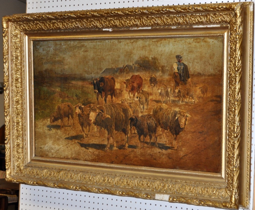 The highest priced item in the sale was this unidentified German school landscape depicting a farmer with his sheep and cows. It earned $7,475.