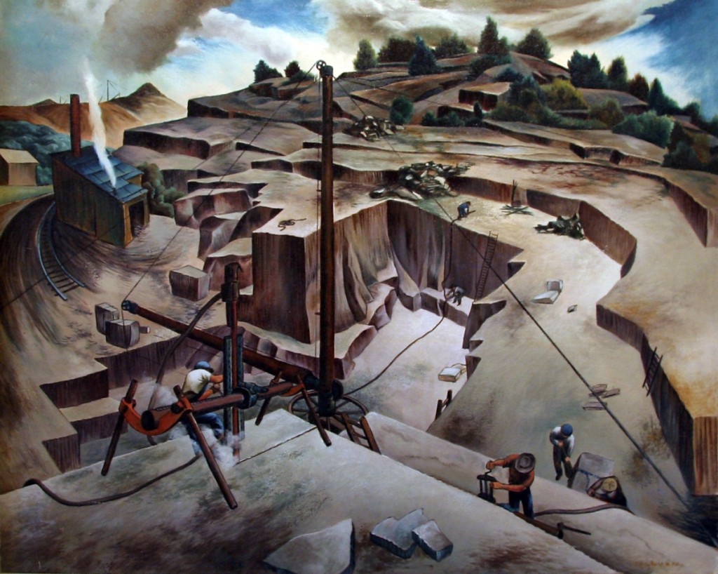 “Granite Quarry” by Francis Colburn (1909–1984), 1942, oil on canvas, 28 by 34 inches, collection of Robert Hull Fleming Museum, gift of Francis Colburn.
