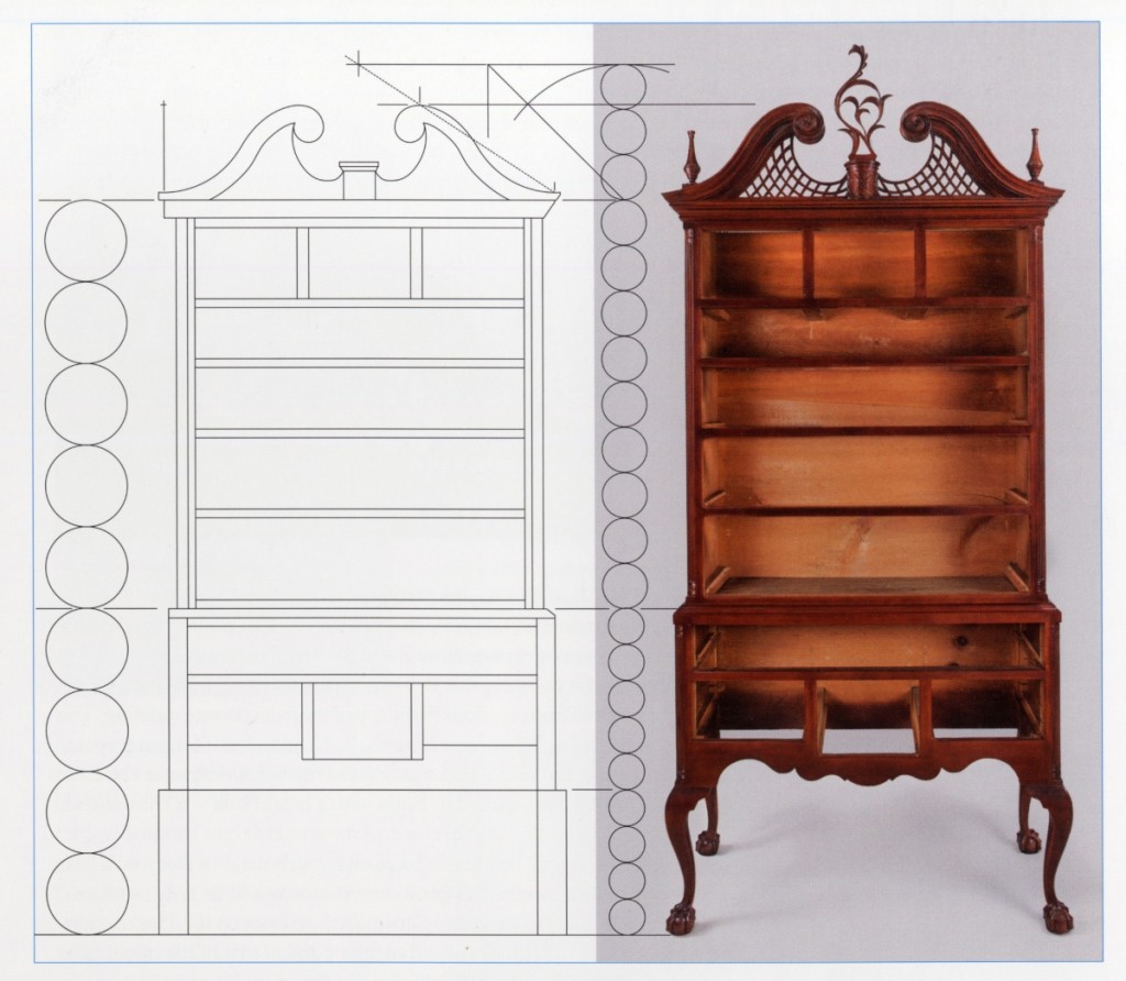 Line drawing of a Chapin high chest of drawers with a modular overlay. Drawing, Will Neptune; artwork, Wynne Patterson.