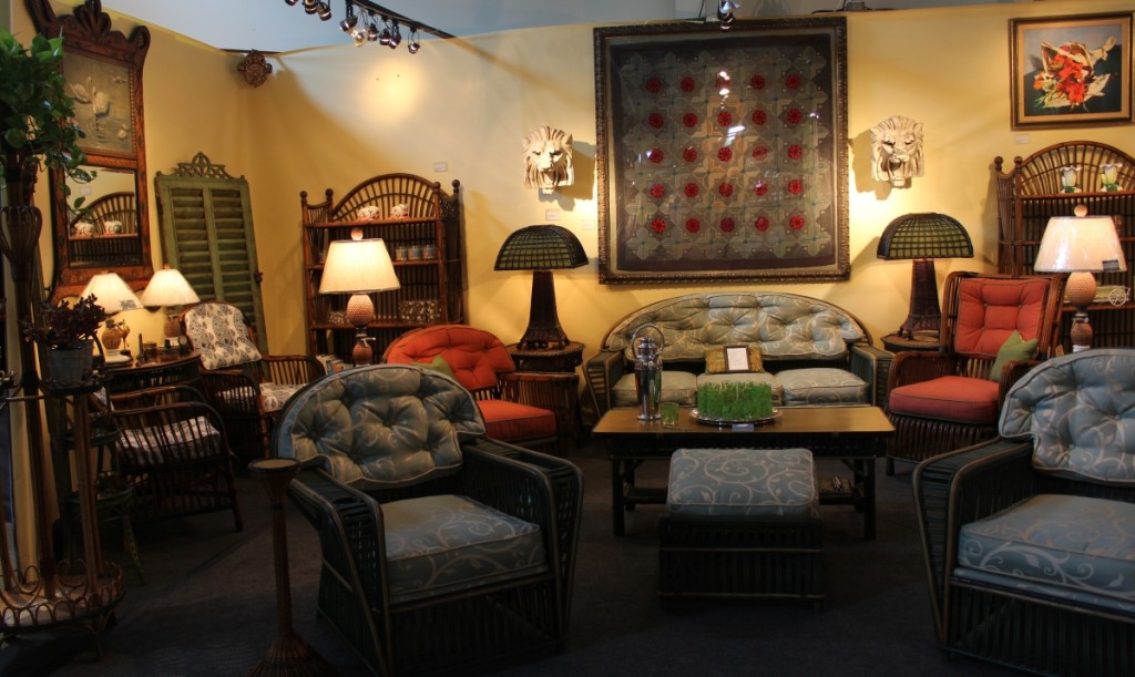 Of all the lovely things in his booth, James Butterworth pointed out a set of four armchairs with modern blue and white upholstery, two of which are seen along the far wall in this picture. The detailing on the arms was good, the chairs had full skirts, and it is rare to find such a large set. Antique American Wicker, Nashua, N.H.