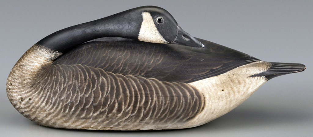 The decoys Crowell created for Harry Vinton Long are among the carver’s best. The group includes this preening Canada goose, which traded privately for $1.13 million, the top reported selling price, along with the Phillips preening pintail duck, for any decoy.   —Gavin Ashworth photo