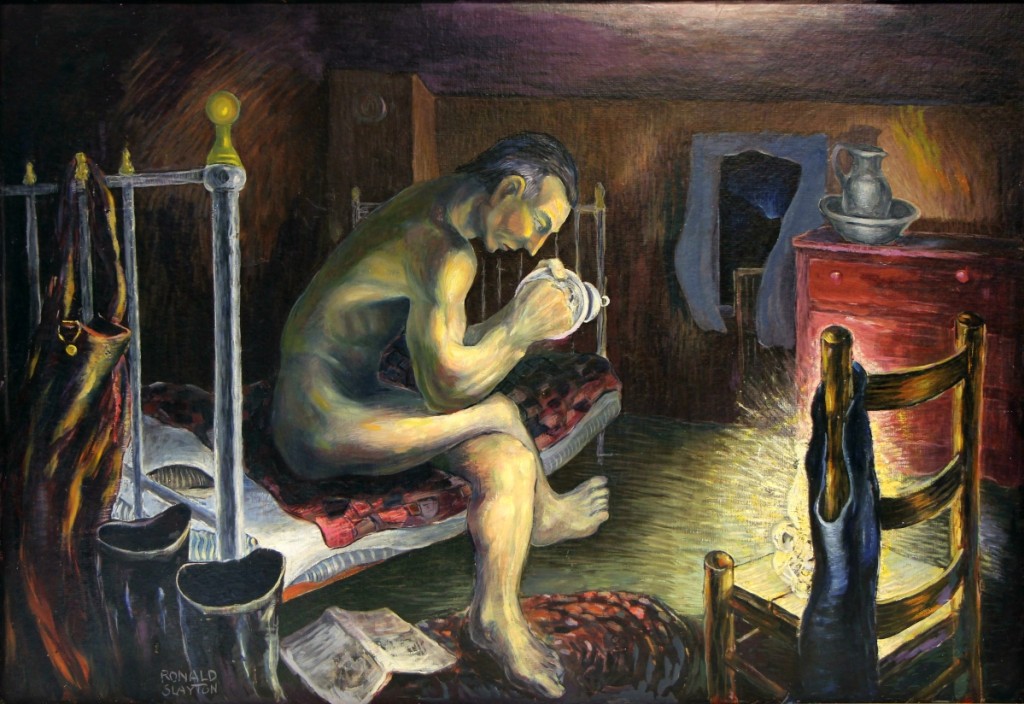 “Hired Man” by Ronald Slayton (1910–1992), circa 1937, oil on homasote, 33 by 47½ inches, collection of Robert Hull Fleming Museum.