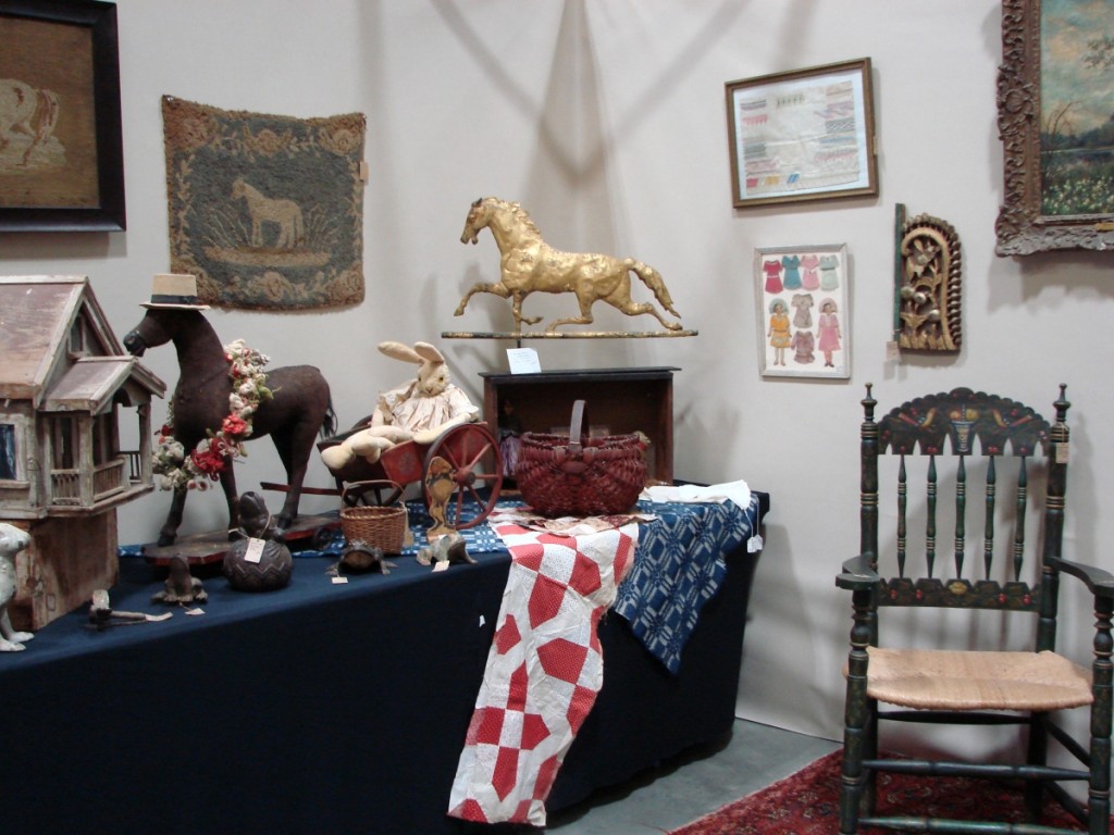 One of the more important pieces with Vee Kausel, Harwinton, Conn., was the Moravian armchair shown in the lower right corner of this photo. Kausel said it had original paint, great turnings and full height.