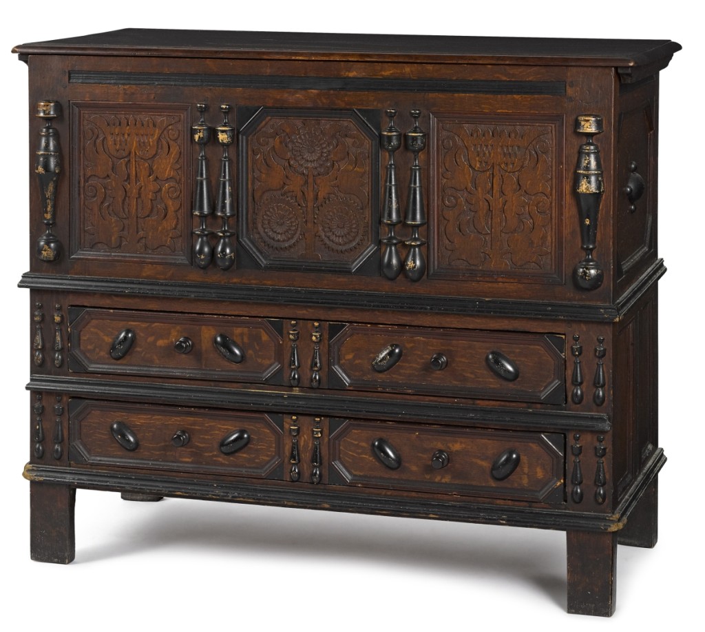 The first lot in the sale was this Pilgrim century joined oak sunflower chest, circa 1700, possibly from the workshop of Peter Blin, of Wethersfield, Conn. It set the pace and never fell behind, selling to a phone bidder for $27,500, the highest total of the two-day sale.