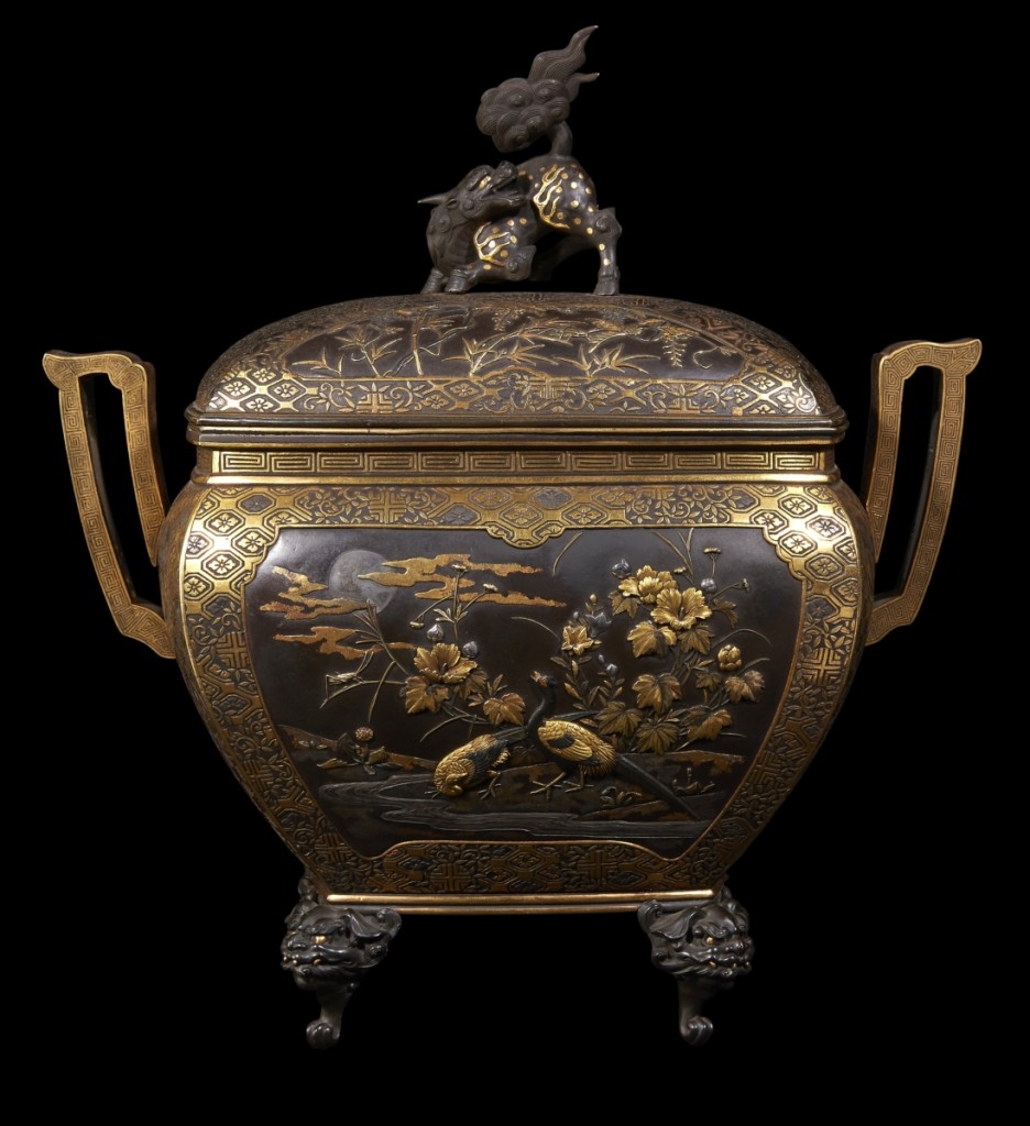 A Japanese parcel-gilt and mixed metal patinated bronze koro and cover, Meiji period, took $50,000.   —Freeman’s