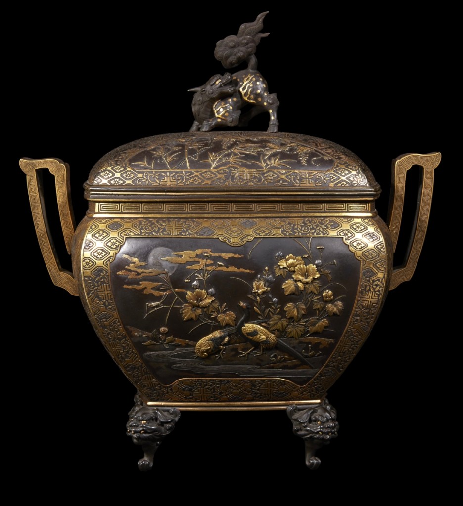 A Japanese parcel-gilt and mixed metal patinated bronze koro and cover, Meiji period, took $50,000. —Freeman’s