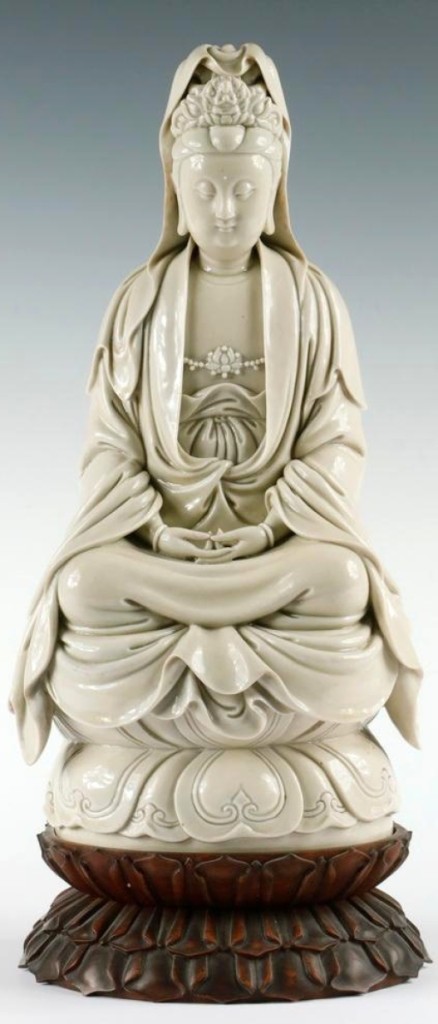 The star of the sale, and the most expensive piece ever sold by Kaja Veillieux, this figure brought $760,500. It was a Seventeenth Century blanc de chine seated Dehua guanyin. Impressed on the back was the double gourd seal of the early Seventeenth Century Chinese potter He Chaozong.