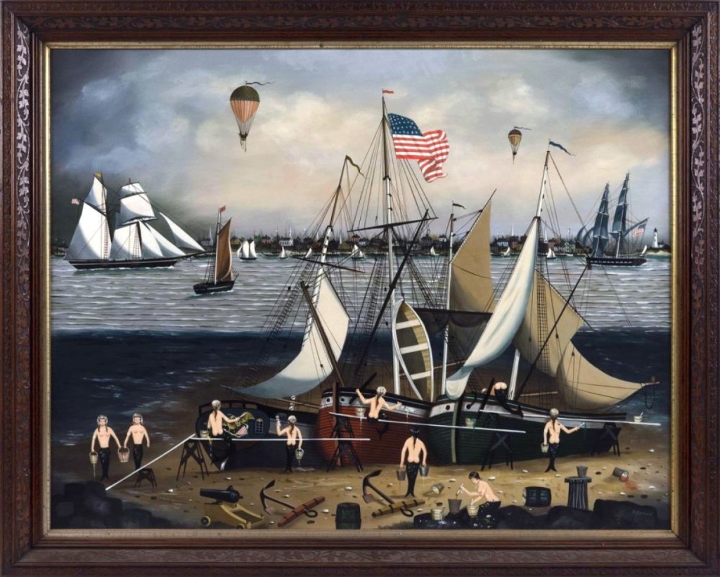 The star of the sale was Ralph Cahoon’s busy scene of mermaids repairing a sail boat on the shore that brought $156,000. Josh Eldred said, “It’s been a while since a Cahoon broke the $100,000 mark.”