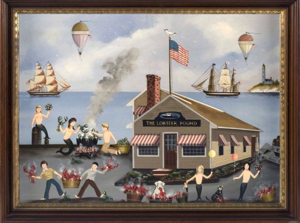Another Ralph Cahoon painting, “The Lobster Pound,” was also one of the top lots, finishing at $90,000. It is an active scene with mermaids and sailors having a clambake, and a dog eating some lobsters.