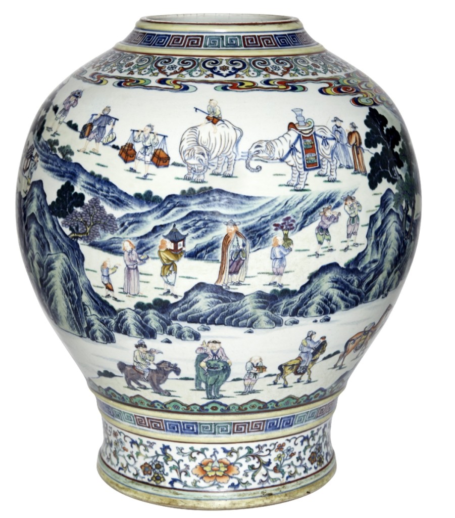 Chinese enameled porcelain vase, Qing dynasty, 19¾ inches high, brought $420,500. It was consigned by the Rhinelander Stewart family. —Doyle
