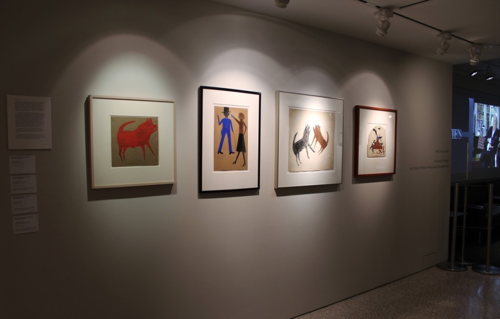 Leading the way into the reception were a selection of four Traylors. The work on the left (“Red Dog”) will not be sold in the January 2019 sale, but the other three (“Woman Pointing at Man with Cane,” “Fighting Dogs” and “Construction with Exciting Event”) will be included in the sale.