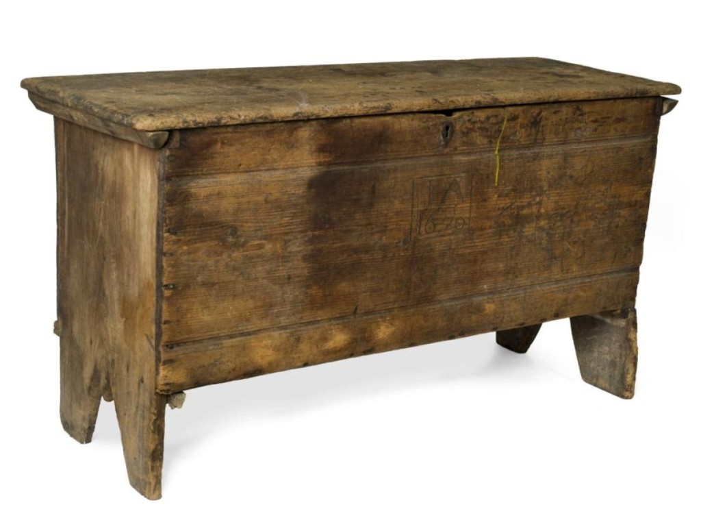 Dated 1690, this linenfold six-board chest was made in the Deerfield area. It had the initials of its first owner, “I.A,” and had remained in the original family. It realized $26,400.