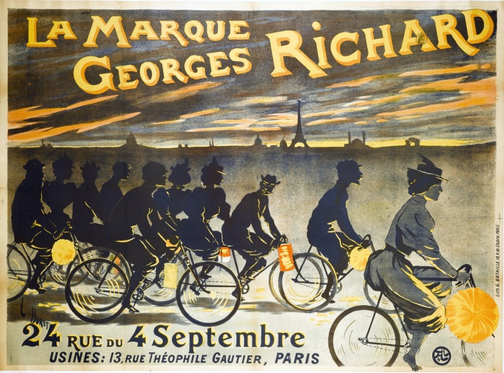 Jean Léonce Burret (1866–1915), Imprimerie G. Bataille, La Marque Georges Richard, 24 Rue du 4 Septembre, Usines: 13 Rue Théophile Gautier, affiche, lithographie couleur, vers 1895. Paris, musée Carnavalet.