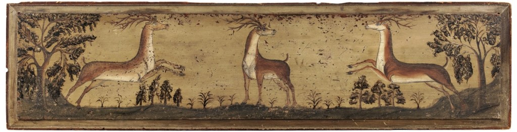 Topping the sale was a mid-Eighteenth Century overmantel with leaping stags in a landscape. It had been removed from a Framingham, Mass., house in 1840. The final price was $67,650, more than twice its estimate