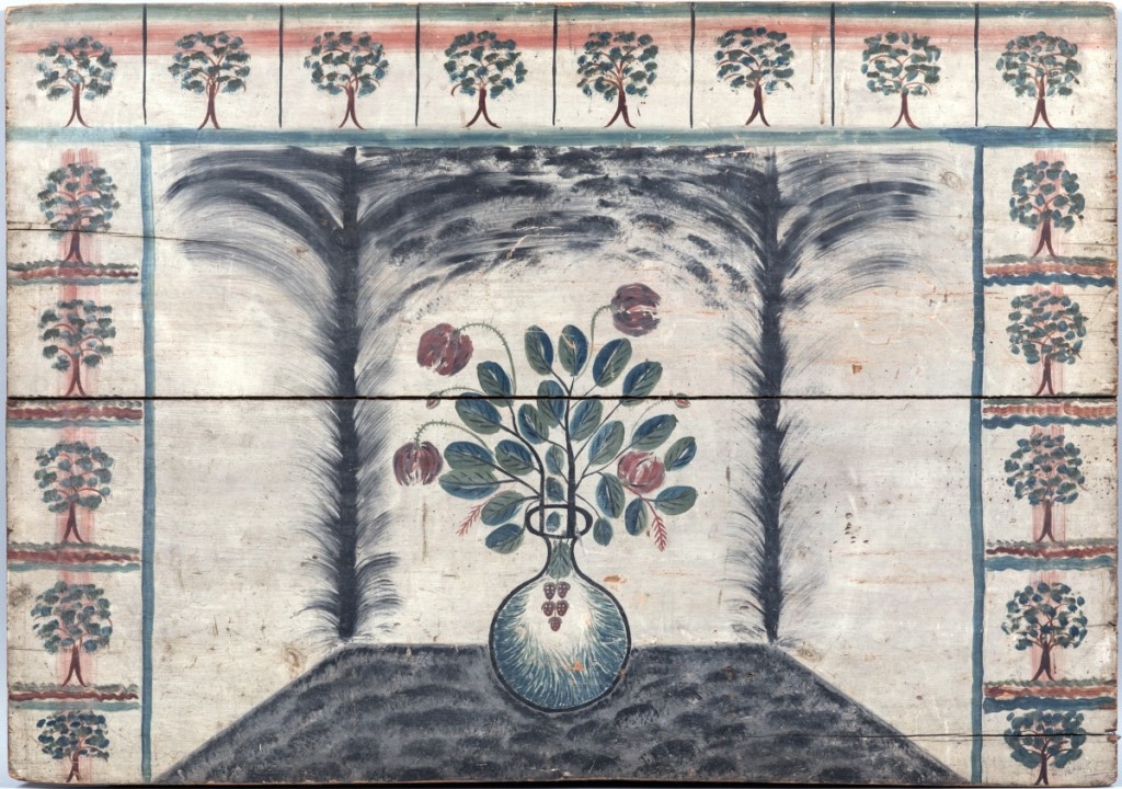 At $55,350, the second highest price of the Kern collection, this colorful tree and flower painted fireboard had originally been discovered in the attic of a home in Franklin, Mass.
