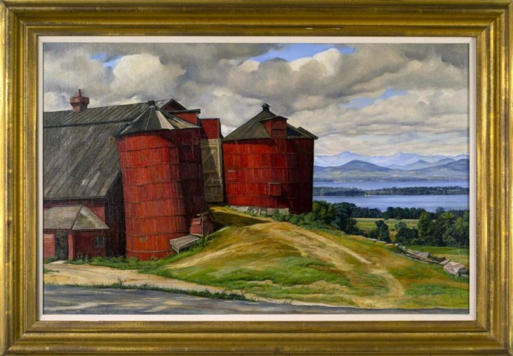 The highest priced item in the sale, “Pillars of Vermont,” a Vermont landscape by Luigi Lucioni (1900–1988), signed and dated 1937, sold for $96,000. It depicted an aged barn and red silos, with Lake Champlain in the background.