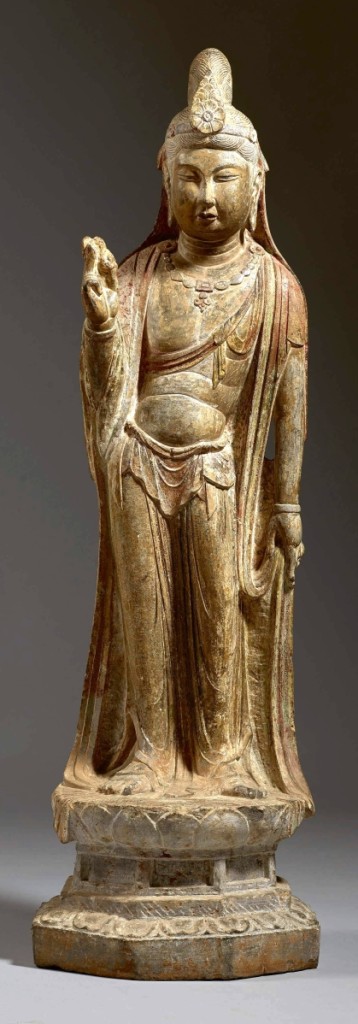 Large limestone figure of a bodhisattva, Tang dynasty , 39½ inches high, sold for $4,335,000. 	 —Sotheby’s