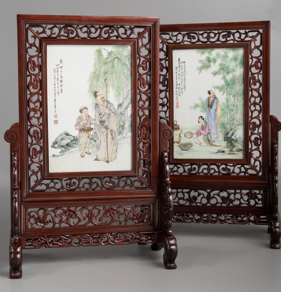 Acquired in Hong Kong in the 1980s from L’Extreme Orient Gallery, Kowloon, a pair of Wang Dafan porcelain and hardwood table screens, Republic period, featuring two red artist’s seals, and 29½ by 19¾ by 11¼ inches each, overall, sold at $150,000.   —Heritage